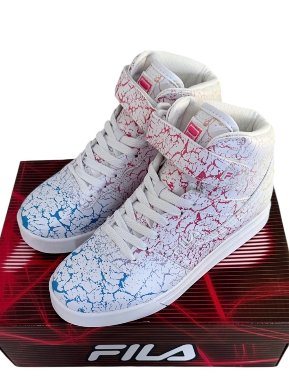 FILA Vulc 13 Crackle All Over Kids High Top Sneakers White Red Blue Yellow US 4